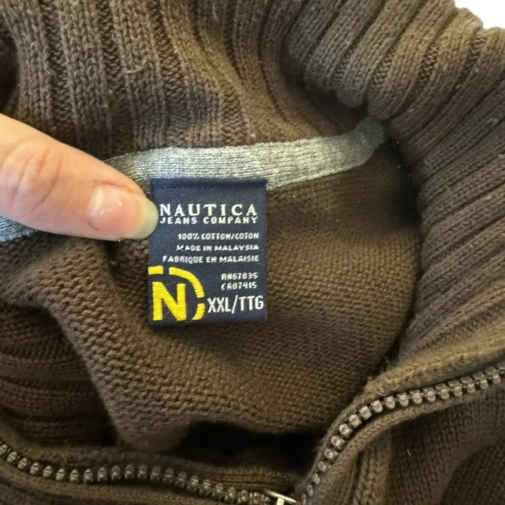 Nautica Jeans Co Brown 1/4 Zip Sweater Cotton XXL Logo Men‎ Ribbed VTG